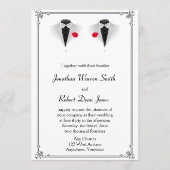 two tuxedos on white gay wedding invitation