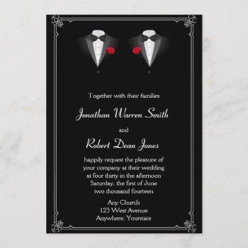 Small Two Tuxedos With Red Rose Gay Wedding Front View