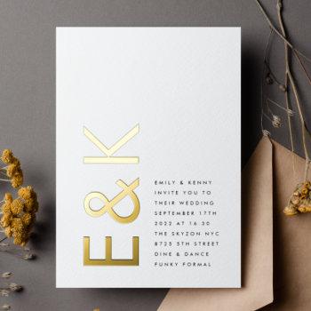 ultra modern monogram simple wedding real gold foil invitation