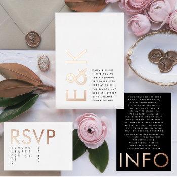 ultra modern monogram wedding real rose gold foil invitation