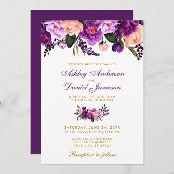 Small Ultra Violet Purple Floral Gold Wedding Invite P Front View