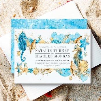 under the sea blue gold summer wedding invitation