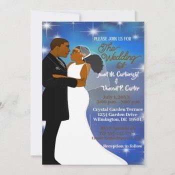under the stars sky blue african american wedding invitation