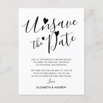 unsave the date hearts wedding postponement announcement postcard