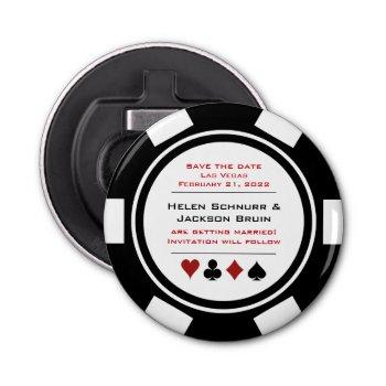 Small Vegas Black White Casino Poker Chip Save The Date Bottle Opener Front View