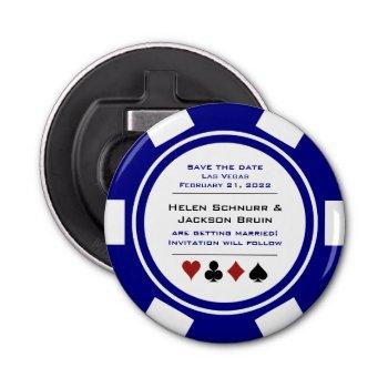Small Vegas Navy Blue White Poker Chip Save The Date Bottle Opener Front View