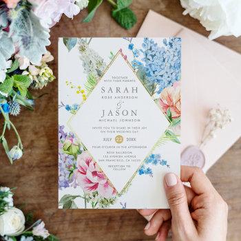 vibrant blue & purple watercolor floral wedding invitation