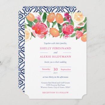 vibrant pink florals citrus dark blue tile wedding invitation