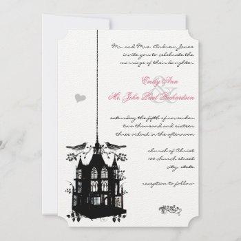 Small Victorian Bird Cage Pink & Black Wedding Invite Front View
