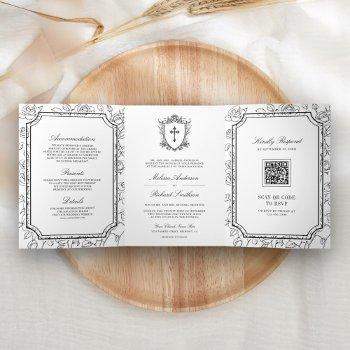 victorian black and white catholic qr code wedding tri-fold invitation