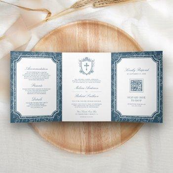 victorian dusty blue catholic qr code wedding tri-fold invitation