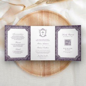 victorian dusty purple catholic qr code wedding tri-fold invitation