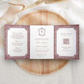 victorian dusty rose catholic qr code wedding tri-fold invitation
