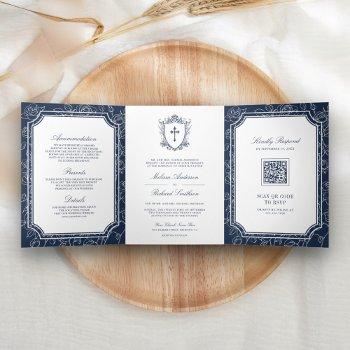victorian navy blue catholic qr code wedding tri-fold invitation