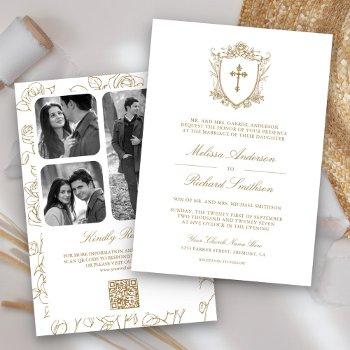 victorian white and gold catholic qr code wedding invitation