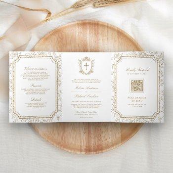 victorian white and gold catholic qr code wedding tri-fold invitation
