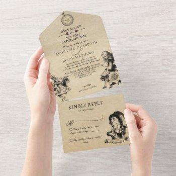 vintage alice in wonderland original wedding all in one invitation