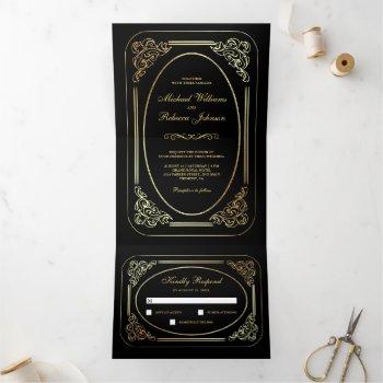 vintage art deco black and gold all in one wedding tri-fold invitation