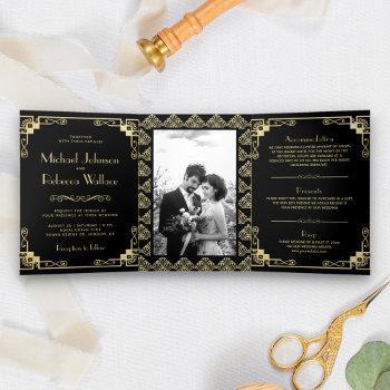 vintage art deco style black and gold wedding tri-fold invitation