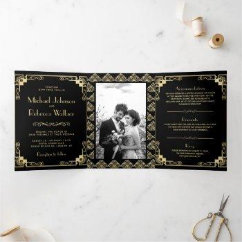 vintage art deco style black and gold wedding tri-fold invitation
