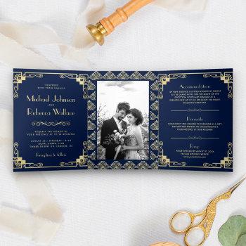 Small Vintage Art Deco Style Blue And Gold Wedding Tri-fold Front View