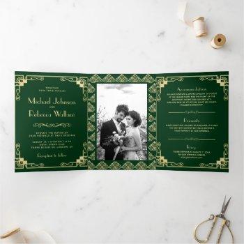 vintage art deco style green and gold wedding tri-fold invitation
