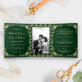vintage art deco style green and gold wedding tri-fold invitation