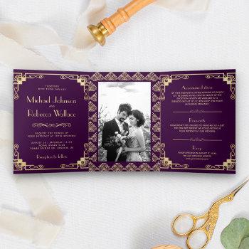 Small Vintage Art Deco Style Purple And Gold Wedding Tri-fold Front View