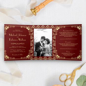 vintage art deco style red and gold wedding tri-fold invitation