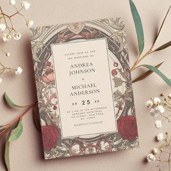 vintage art nouveau floral burgundy wedding invitation