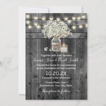 vintage baby's breath floral jar barn wedding invitation