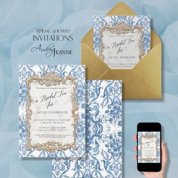 vintage baroque rococo floral blue white bridal invitation
