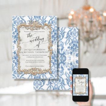vintage baroque rococo floral blue white wedding invitation