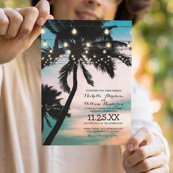 vintage beach palm tree twinkle lights wedding invitation