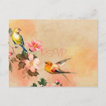 vintage birds and flowers wedding rsvp with photo invitation postcard