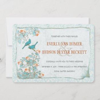 vintage birds turquoise and orange damask wedding invitation