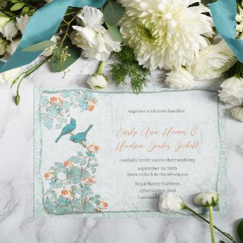 vintage birds turquoise and orange damask wedding invitation