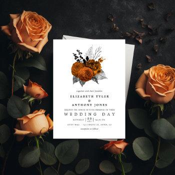 vintage black and orange halloween floral wedding invitation