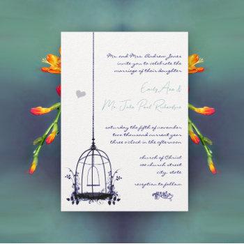 Small Vintage Black Bird Cage Pink Accent Wedding Invite Front View