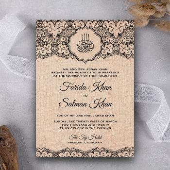 vintage black lace rustic burlap islamic wedding invitation