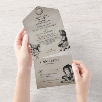 vintage black white alice in wonderland wedding all in one invitation