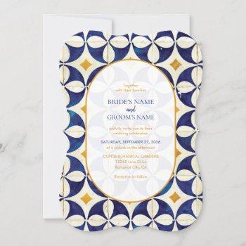 vintage blue & yellow portuguese pattern wedding  invitation