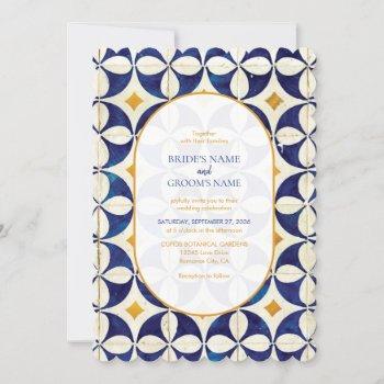vintage blue & yellow portuguese pattern wedding invitation