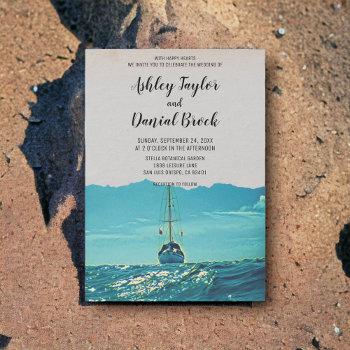 vintage boat navy blue waves destination wedding invitation