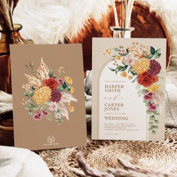 vintage bohemian flowers rustic pampas wedding  invitation