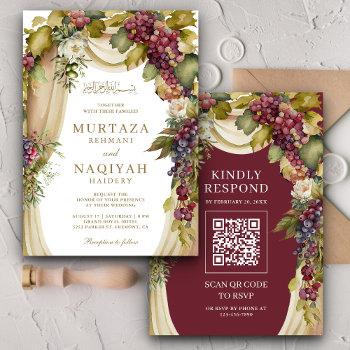 vintage boho grapes arch qr code muslim wedding invitation