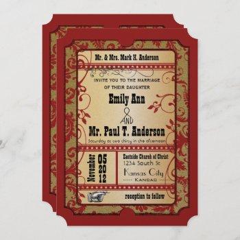 Small Vintage Broadway Red And Gold Movie Ticket Wedding Front View