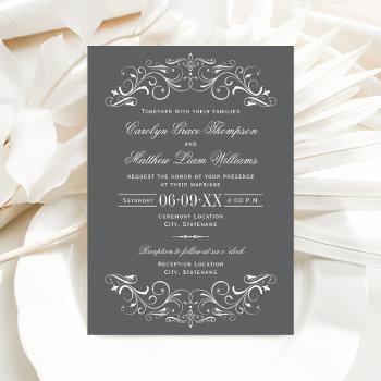 vintage charcoal gray flourish wedding invitation