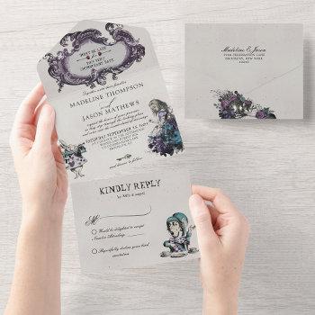 vintage dark alice in wonderland wedding all in one invitation