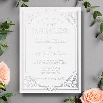 vintage deco art elegant white & silver wedding foil invitation